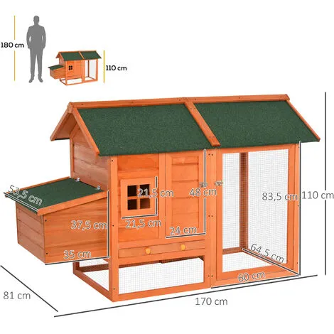 PawHut Poulailler Cottage Cage à Poules Sur Pied Dim. 170L X 81l X 110H Cm Multi-équipement Bois Sapin Lasuré - Orange 3 PawHut Poulailler Cottage Cage à Poules Sur Pied Dim. 170L X 81l X 110H Cm Multi-équipement Bois Sapin Lasuré - Orange – Image 3