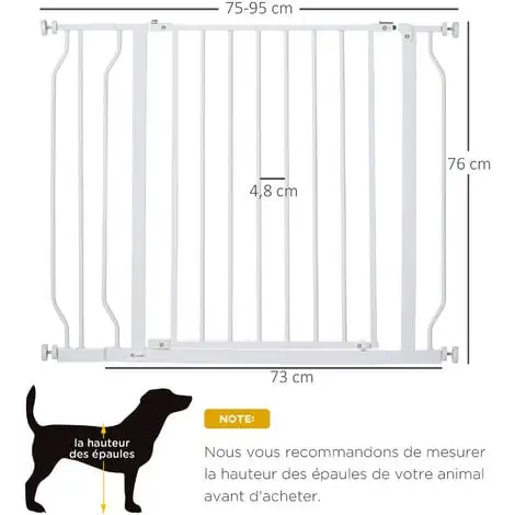 PawHut Barrière De Sécurité Animaux - Longueur Réglable Dim. 75-95 Cm - Porte Double Verrouillage, Ouverture Double Sens -sans Perçage - Acier ABS Blanc - Blanc 3 PawHut Barrière De Sécurité Animaux - Longueur Réglable Dim. 75-95 Cm - Porte Double Verrouillage, Ouverture Double Sens -sans Perçage - Acier ABS Blanc - Blanc – Image 3