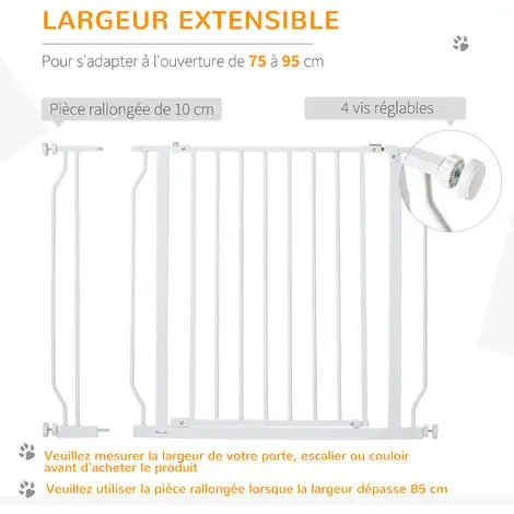 PawHut Barrière De Sécurité Animaux - Longueur Réglable Dim. 75-95 Cm - Porte Double Verrouillage, Ouverture Double Sens -sans Perçage - Acier ABS Blanc - Blanc 4 PawHut Barrière De Sécurité Animaux - Longueur Réglable Dim. 75-95 Cm - Porte Double Verrouillage, Ouverture Double Sens -sans Perçage - Acier ABS Blanc - Blanc – Image 4