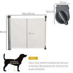 PawHut Barrière De Sécurité Barrière Animaux Rétractable Automatique Dim. 1,4L X 0,88H M Aluminium Maille PVC Blanc - Blanc -PawHut Soldes Boutique 46698997 3