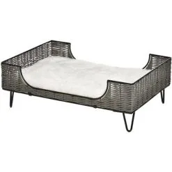 PawHut Canapé Chien Chat Style Cosy Chic Avec Coussin Aspect Fourrure Blanc - Pieds Acier En épingles - Dim. 84,5L X 55l X 28,5H Cm - Résine Tressée Grise - Gris