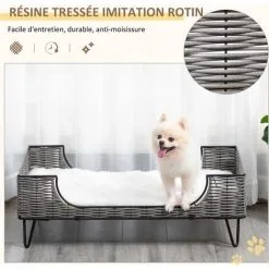 PawHut Canapé Chien Chat Style Cosy Chic Avec Coussin Aspect Fourrure Blanc - Pieds Acier En épingles - Dim. 84,5L X 55l X 28,5H Cm - Résine Tressée Grise - Gris -PawHut Soldes Boutique 47140944 4