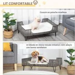 PawHut Canapé Chien Chat Style Cosy Chic Avec Coussin Aspect Fourrure Blanc - Pieds Acier En épingles - Dim. 84,5L X 55l X 28,5H Cm - Résine Tressée Grise - Gris -PawHut Soldes Boutique 47140944 5