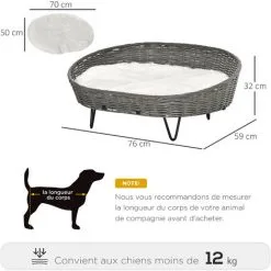 PawHut Canapé Chien Chat Style Cosy Chic Avec Coussin Aspect Fourrure Blanc - Pieds Acier En épingles - Dim. 76L X 59l X 32H Cm - Résine Tressée Grise - Gris -PawHut Soldes Boutique 47140948 3