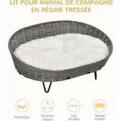 PawHut Canapé Chien Chat Style Cosy Chic Avec Coussin Aspect Fourrure Blanc - Pieds Acier En épingles - Dim. 76L X 59l X 32H Cm - Résine Tressée Grise - Gris -PawHut Soldes Boutique 47140948 4