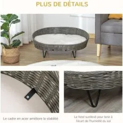 PawHut Canapé Chien Chat Style Cosy Chic Avec Coussin Aspect Fourrure Blanc - Pieds Acier En épingles - Dim. 76L X 59l X 32H Cm - Résine Tressée Grise - Gris -PawHut Soldes Boutique 47140948 5