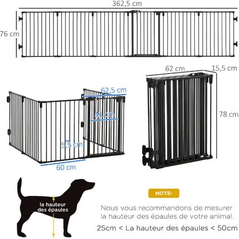 PawHut Barrière De Sécurité - Parc Enclos Chien Modulable Pliable - Porte Verrouillable - 6 Panneaux Acier Et PP - Dim. 362,5L Max. X 76H Cm Noir 3 PawHut Barrière De Sécurité - Parc Enclos Chien Modulable Pliable - Porte Verrouillable - 6 Panneaux Acier Et PP - Dim. 362,5L Max. X 76H Cm Noir – Image 3