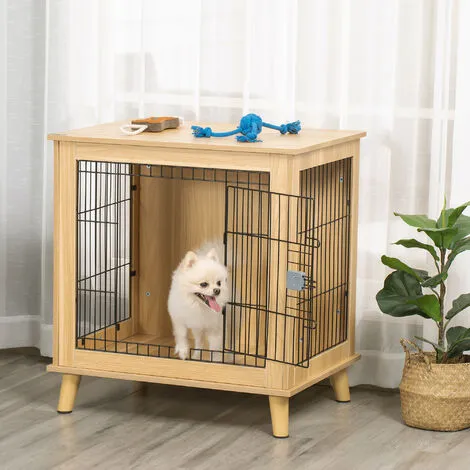 PawHut Cage Pour Chien Sur Pied Style Scandinave - Dim. 73L X 55l X 78H Cm - Porte Verrouillable - Acier Noir Panneaux Particules Aspect Bois Clair 2 PawHut Cage Pour Chien Sur Pied Style Scandinave - Dim. 73L X 55l X 78H Cm - Porte Verrouillable - Acier Noir Panneaux Particules Aspect Bois Clair – Image 2