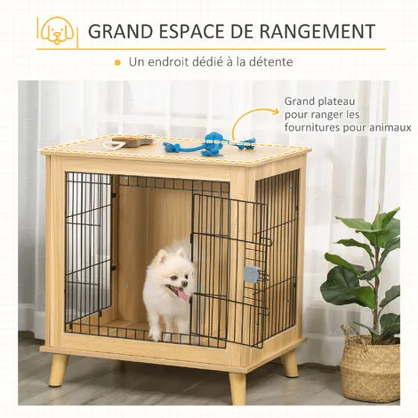 PawHut Cage Pour Chien Sur Pied Style Scandinave - Dim. 73L X 55l X 78H Cm - Porte Verrouillable - Acier Noir Panneaux Particules Aspect Bois Clair 5 PawHut Cage Pour Chien Sur Pied Style Scandinave - Dim. 73L X 55l X 78H Cm - Porte Verrouillable - Acier Noir Panneaux Particules Aspect Bois Clair – Image 5