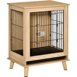 PawHut Cage Pour Chien Sur Pied Style Scandinave - Dim. 64L X 48l X 83H Cm - Porte Verrouillable, Plateau Déjection Coulissant - Acier Noir Panneaux Particules Aspect Bois Clair - Beige