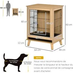 PawHut Cage Pour Chien Sur Pied Style Scandinave - Dim. 64L X 48l X 83H Cm - Porte Verrouillable, Plateau Déjection Coulissant - Acier Noir Panneaux Particules Aspect Bois Clair - Beige -PawHut Soldes Boutique 47489055 3