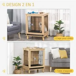 PawHut Cage Pour Chien Sur Pied Style Scandinave - Dim. 64L X 48l X 83H Cm - Porte Verrouillable, Plateau Déjection Coulissant - Acier Noir Panneaux Particules Aspect Bois Clair - Beige -PawHut Soldes Boutique 47489055 4