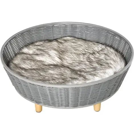PawHut Canapé Chien Lit Pour Chien Panier Chat Design Scandinave Avec Coussin Aspect Fourrure Dim. Ø 60 X 23,5H Cm Pieds Bois Pin Résine Tressée Gris - Gris -PawHut Soldes Boutique 47489059 1