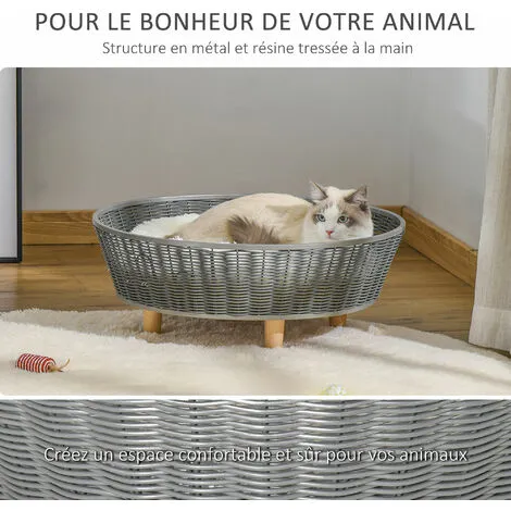 PawHut Canapé Chien Lit Pour Chien Panier Chat Design Scandinave Avec Coussin Aspect Fourrure Dim. Ø 60 X 23,5H Cm Pieds Bois Pin Résine Tressée Gris - Gris 5 PawHut Canapé Chien Lit Pour Chien Panier Chat Design Scandinave Avec Coussin Aspect Fourrure Dim. Ø 60 X 23,5H Cm Pieds Bois Pin Résine Tressée Gris - Gris – Image 5