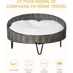 PawHut Panier Chien Chat Style Cosy Chic Avec Coussin Aspect Fourrure Blanc - Pieds Acier En épingles - Ø 60 X 32H Cm - Résine Tressée Grise -PawHut Soldes Boutique 47489062 5