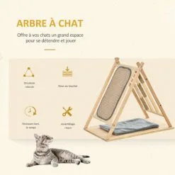 PawHut Arbre à Chat Tipi - Teepee Chat - Coussin Grande Douceur Gris, Grattoir, Griffoirs Jute Naturelle Inclus - Structure Bois De Pin - Beige -PawHut Soldes Boutique 47489079 4