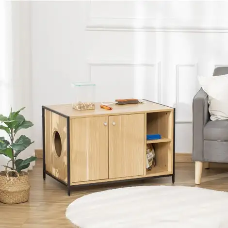 PawHut Maison De Toilette Pour Chat 2 Portes Avec Entrée Latérale 2 Niches Plateau Châssis Acier Panneaux Particules Aspect Bois Clair - Beige 2 PawHut Maison De Toilette Pour Chat 2 Portes Avec Entrée Latérale 2 Niches Plateau Châssis Acier Panneaux Particules Aspect Bois Clair - Beige – Image 2