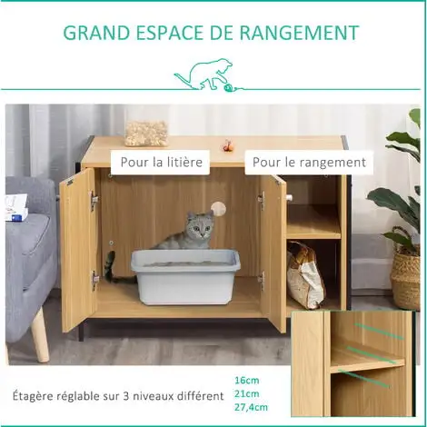 PawHut Maison De Toilette Pour Chat 2 Portes Avec Entrée Latérale 2 Niches Plateau Châssis Acier Panneaux Particules Aspect Bois Clair - Beige 4 PawHut Maison De Toilette Pour Chat 2 Portes Avec Entrée Latérale 2 Niches Plateau Châssis Acier Panneaux Particules Aspect Bois Clair - Beige – Image 4