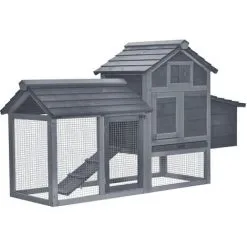 PawHut Petit Poulailler Cottage Cage à Poules Sur Pied Dim. 151L X 54l X 87H Cm Multi-équipement Bois Massif De Pin Gris - Gris