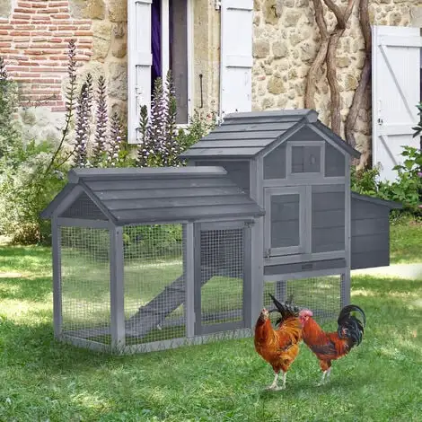 PawHut Petit Poulailler Cottage Cage à Poules Sur Pied Dim. 151L X 54l X 87H Cm Multi-équipement Bois Massif De Pin Gris - Gris 2 PawHut Petit Poulailler Cottage Cage à Poules Sur Pied Dim. 151L X 54l X 87H Cm Multi-équipement Bois Massif De Pin Gris - Gris – Image 2