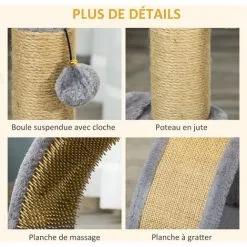 PawHut Arbre à Chat Griffoir Grattoir Design Jeu Boule Suspendue + Demi-arc De Massage Peluche Jute Naturelle Gris - Gris -PawHut Soldes Boutique 48441510 5