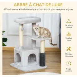 PawHut Arbre à Chat Griffoirs Sisal Naturel Et Massant Grande Niche Plateforme Panier Jeu Boule Suspendue Peluche Gris -PawHut Soldes Boutique 48441525 4
