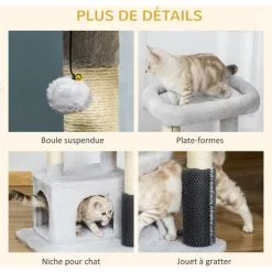 PawHut Arbre à Chat Griffoirs Sisal Naturel Et Massant Grande Niche Plateforme Panier Jeu Boule Suspendue Peluche Gris -PawHut Soldes Boutique 48441525 5