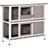 PawHut Clapier à Lapin Cage à Lapin 2 étages Trappe De Séparation Amovible 4 Portes Verrouillables 2 Plateaux Coulissants Rampe Toit Ouvrant Bois De Sapin Gris Blanc -PawHut Soldes Boutique 49183670 1