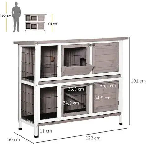 PawHut Clapier à Lapin Cage à Lapin 2 étages Trappe De Séparation Amovible 4 Portes Verrouillables 2 Plateaux Coulissants Rampe Toit Ouvrant Bois De Sapin Gris Blanc 3 PawHut Clapier à Lapin Cage à Lapin 2 étages Trappe De Séparation Amovible 4 Portes Verrouillables 2 Plateaux Coulissants Rampe Toit Ouvrant Bois De Sapin Gris Blanc – Image 3
