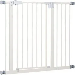 PawHut Barrière De Sécurité Animaux - Longueur Réglable Dim. 74-97,5 Cm - Porte Double Verrouillage, Ouverture Double Sens -sans Perçage - Acier Plastique Blanc - Blanc