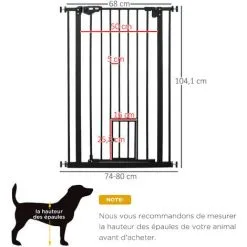 PawHut Barrière De Sécurité Animaux - Longueur Réglable Dim. 74-80 Cm - Porte Double Verrouillage, Ouverture Double Sens, Petite Porte -sans Perçage - Acier Plastique Noir - Noir -PawHut Soldes Boutique 50909202 3
