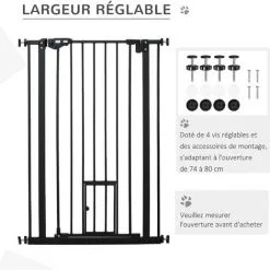PawHut Barrière De Sécurité Animaux - Longueur Réglable Dim. 74-80 Cm - Porte Double Verrouillage, Ouverture Double Sens, Petite Porte -sans Perçage - Acier Plastique Noir - Noir -PawHut Soldes Boutique 50909202 5