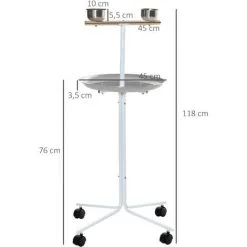 PawHut Perchoir Sur Pied Pour Perroquets, Grandes Perruches - 4 Roulettes - 2 Mangeoires Et Plateau Inox, Perchoir - Métal Blanc -PawHut Soldes Boutique 50909205 3