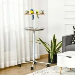 PawHut Perchoir Sur Pied Pour Perroquets, Grandes Perruches - 4 Roulettes - 2 Mangeoires Et Plateau Inox, Perchoir - Métal Blanc -PawHut Soldes Boutique 50909205 4