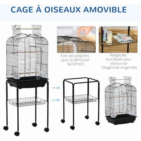 PawHut Cage à Oiseaux Volière Amovible Sur Roulettes - Toit Ouvrant, Tiroir Déjection, 2 Perchoirs, 2 Trappes, Porte, 2 Mangeoires, 2 Poignées - étagère - Acier PP Noir - Noir 5 PawHut Cage à Oiseaux Volière Amovible Sur Roulettes - Toit Ouvrant, Tiroir Déjection, 2 Perchoirs, 2 Trappes, Porte, 2 Mangeoires, 2 Poignées - étagère - Acier PP Noir - Noir – Image 5