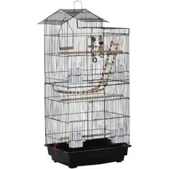 PawHut Cage à Oiseaux Volière Dim. 46L X 36l X 100H Cm - 4 Mangeoires, 3 Perchoirs, Balançoire, 2 Portes, 9 Trappes, échelle, 2 Jouets Suspendus, Plateau Déjection - PP Acier Noir