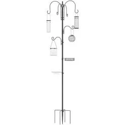 PawHut Mangeoire à Oiseaux Complet H.2,26 M Style Rustique Chic - 6 Crochets Réglables, 4 Mangeoires, Plateau D'alimentation, Grand Bain, 4 Piquets D'ancrage Au Sol - Acier époxy Aspect Fer Forgé - Noir