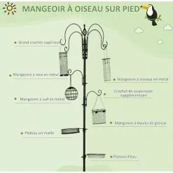 PawHut Mangeoire à Oiseaux Complet H.2,26 M Style Rustique Chic - 6 Crochets Réglables, 4 Mangeoires, Plateau D'alimentation, Grand Bain, 4 Piquets D'ancrage Au Sol - Acier époxy Aspect Fer Forgé - Noir -PawHut Soldes Boutique 50909209 4