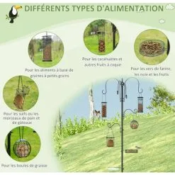 PawHut Mangeoire à Oiseaux Complet H.2,26 M Style Rustique Chic - 6 Crochets Réglables, 4 Mangeoires, Plateau D'alimentation, Grand Bain, 4 Piquets D'ancrage Au Sol - Acier époxy Aspect Fer Forgé - Noir -PawHut Soldes Boutique 50909209 5