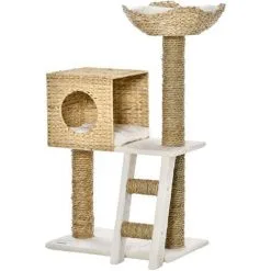 PawHut Arbre à Chat Style Cosy Chic Griffoirs Quenouille échelle Niche Panier 2 Coussins Inclus Peluche Courte Polyester Haute Densité Crème Beige