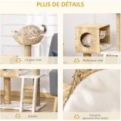 PawHut Arbre à Chat Style Cosy Chic Griffoirs Quenouille échelle Niche Panier 2 Coussins Inclus Peluche Courte Polyester Haute Densité Crème Beige -PawHut Soldes Boutique 50909210 5