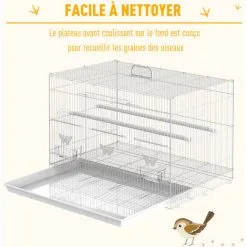 PawHut Cage à Oiseaux Motif Papillons - 3 Portes, 2 Perchoirs, 2 Mangeoires, Plateau Excrément Amovible, Poignée Transport - Acier PP Blanc - Blanc -PawHut Soldes Boutique 50909212 5