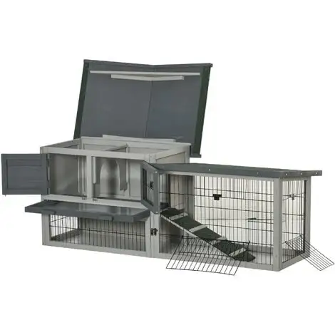 PawHut Clapier Cage à Lapins Rongeurs 2 Niveaux - 4 Portes Verrouillables, Tiroir à Déjection, Toit Ouvrable Intégral Bitumé - Métal Noir Bois Sapin Gris - Gris 4 PawHut Clapier Cage à Lapins Rongeurs 2 Niveaux - 4 Portes Verrouillables, Tiroir à Déjection, Toit Ouvrable Intégral Bitumé - Métal Noir Bois Sapin Gris - Gris – Image 4