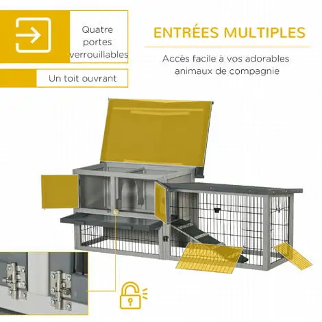 PawHut Clapier Cage à Lapins Rongeurs 2 Niveaux - 4 Portes Verrouillables, Tiroir à Déjection, Toit Ouvrable Intégral Bitumé - Métal Noir Bois Sapin Gris - Gris 5 PawHut Clapier Cage à Lapins Rongeurs 2 Niveaux - 4 Portes Verrouillables, Tiroir à Déjection, Toit Ouvrable Intégral Bitumé - Métal Noir Bois Sapin Gris - Gris – Image 5