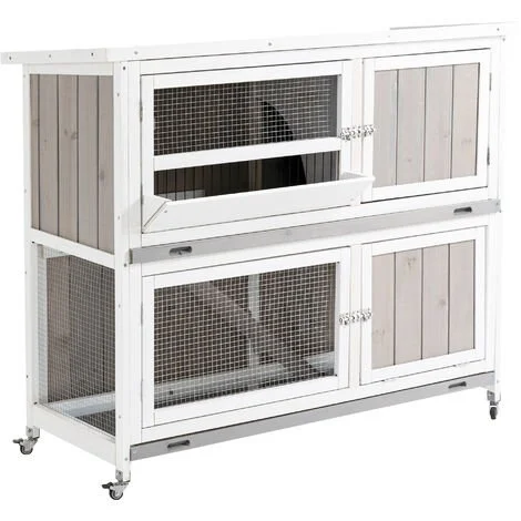 PawHut Clapier à Lapin Cage à Lapin 2 étages Trappe Séparation Amovible 4 Portes Verrouillables 2 Plateaux Déjection Rampe Roulettes Toit Bitumé Sapin Gris Blanc - Gris -PawHut Soldes Boutique 51254888 1