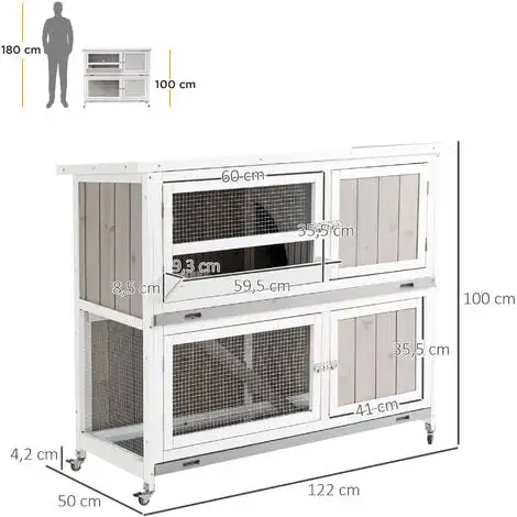 PawHut Clapier à Lapin Cage à Lapin 2 étages Trappe Séparation Amovible 4 Portes Verrouillables 2 Plateaux Déjection Rampe Roulettes Toit Bitumé Sapin Gris Blanc - Gris 3 PawHut Clapier à Lapin Cage à Lapin 2 étages Trappe Séparation Amovible 4 Portes Verrouillables 2 Plateaux Déjection Rampe Roulettes Toit Bitumé Sapin Gris Blanc - Gris – Image 3