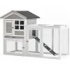PawHut Clapier Cage à Lapins Cottage - Niche Supérieure Avec Rampe Et Enclos Extérieur - Plateau Excrément, Toit Bitumé, 4 Portes Verrouillables - Bois Sapin Blanc Gris - Gris -PawHut Soldes Boutique 51254894 1
