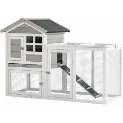 PawHut Clapier Cage à Lapins Cottage - Niche Supérieure Avec Rampe Et Enclos Extérieur - Plateau Excrément, Toit Bitumé, 4 Portes Verrouillables - Bois Sapin Blanc Gris - Gris