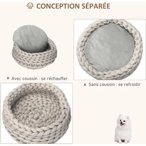 PawHut Panier Pour Chien Chat Ø50 X 19H Cm Effet Tressé Tricot - Coussin Amovible Et Lavable En Machine - Polyester Gris - Gris 5 PawHut Panier Pour Chien Chat Ø50 X 19H Cm Effet Tressé Tricot - Coussin Amovible Et Lavable En Machine - Polyester Gris - Gris – Image 5