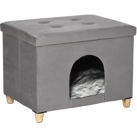 PawHut Niche Chat Maison De Chat Sur Pied Repose-pied 2 En 1 - Coussin Inclus - Pliable - MDF Peluche Suédé Gris 1 PawHut Niche Chat Maison De Chat Sur Pied Repose-pied 2 En 1 - Coussin Inclus - Pliable - MDF Peluche Suédé Gris